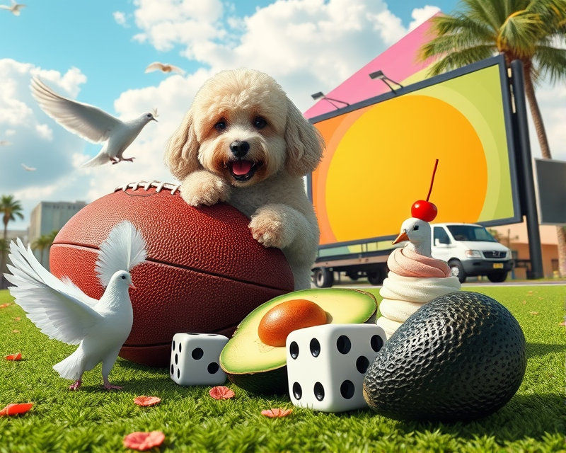 football, cell phone, poodle, dove, feather, avocado, billboard, dice, ice cream, circle, rainbow, truck, pepperoni